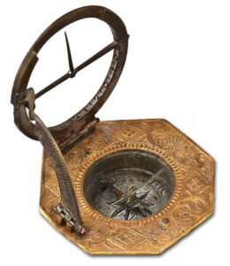 Een opvouwbare equatoriale zakzonnewijzer met ingebouwd kompas (1782) uit de collectie van Rura.